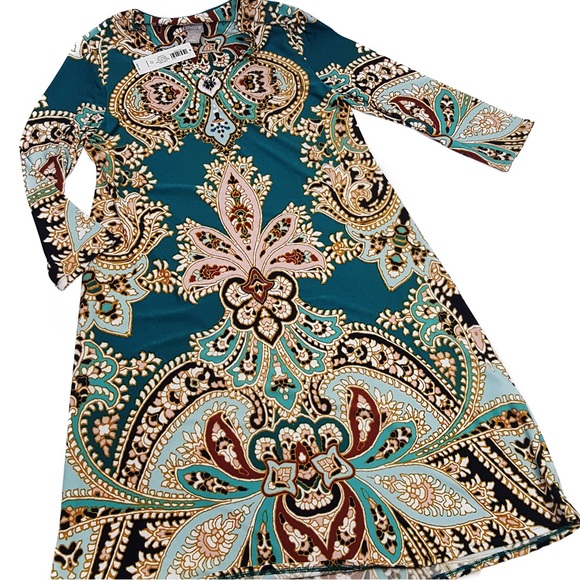 CHICO'S NWT Size 4/6 Country Fleur-Print A-Line Tapestry Teal Dress - Picture 2 of 5